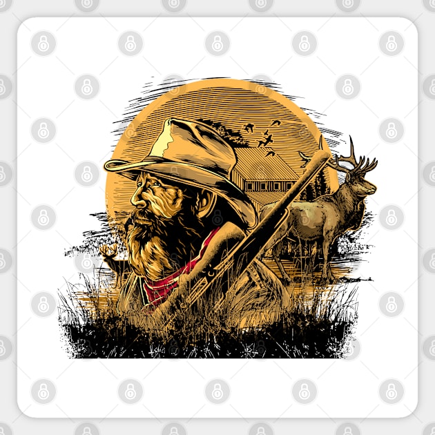 The Hunter: Man, Buck, and Rifle Design Sticker by Jarecrow 